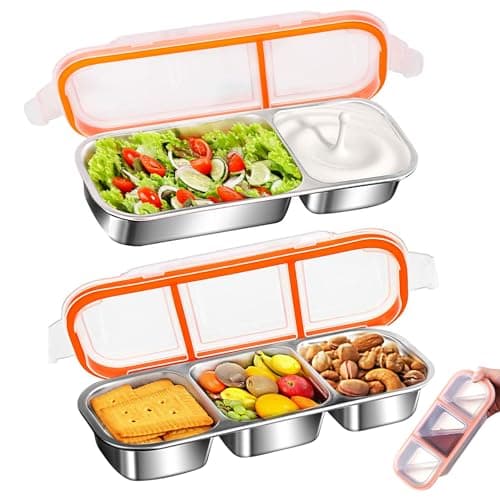 Stainless Steel Snack Containers for Match Day,Metal Snack Pack Box with Lids, Kid's Divided Food Storage Containers Sauce Cups for Football Game Night Travel,Leak-Proof(2Compartment + 3Compartment)
