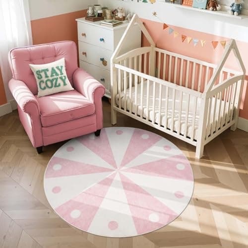 jinchan 5ft Round Rug Washable Cute Playroom Cheerful Circle Rug Light Pink