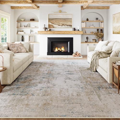 WondRg 9x12 Washable Area Rug Beige Blue Abstract Non Slip Soft Low Pile Rug for Living Room Bedroom Dining Room Office Neutral Modern Indoor Large Throw Carpet for Home Decor
