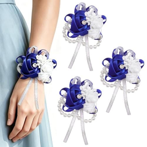 Meldel 4pcs Royal Blue Women Wrist Corsages, Faux Silk Rose for Wedding