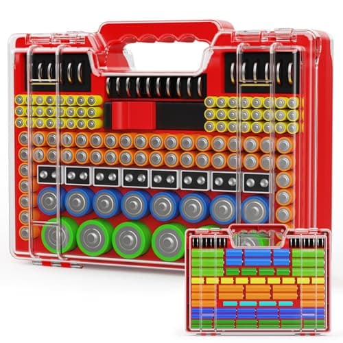 Battery Organizer Storage Holder Box Case with Tester, Stores & Protects Up to 260 Batteries, Double-Sided, Clear Locking Lid, Secure Latches & Portable Carrying Handle - Red (Batteries Not Included)