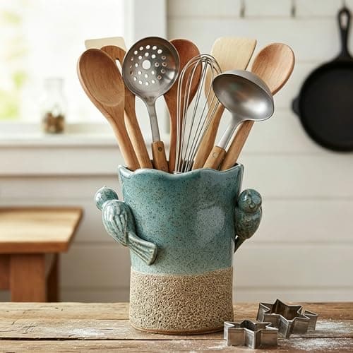 6.38“H Utensil Holder for Kitchen Counter, Modern Farmhouse Cooking Utensil Holder and Crock Home Kitchen Decor, Ceramic Utensil Organizer for Spatula, Ladle, Eggbeater, Rolling Pin- Blue and Brown