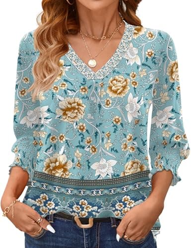 AKEWEI Blouses for Women Dressy Casual 3/4 Length Sleeve Womens Summer Tops Henley V Neck Pleated T-Shirts Loose Fit Tunics