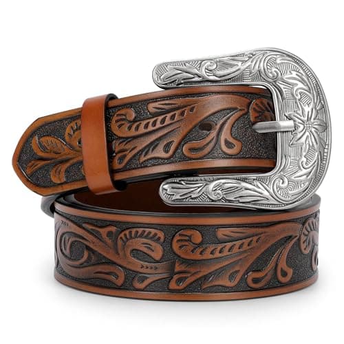 TRIWORKS Western Leather Belt for Women Men Cowgirl Cowboy Floral Engraved Tooled Leather Belt with for Jeans Pants Dresses Rodeo,B-Brown