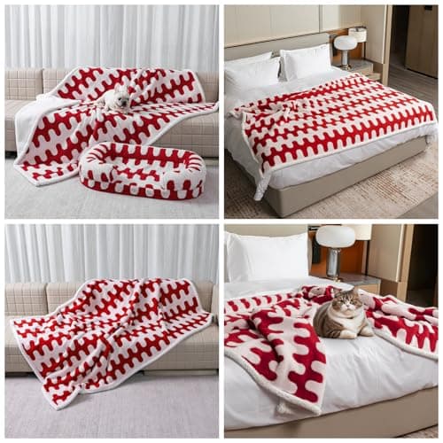 Maidewow Waterproof Pet Blanket for Dogs,Red Pet Throw Blankets for Dog Bed Covers Couch Sofa Stylish Jacquard for Puppy Cats Washable Reversible Furniture Protection Covers (Red Wave,S)