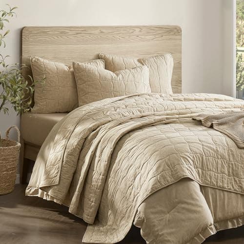 Wonderful Natural Linen Cotton Quilt - Skin-Friendly Breathable & Hypoallergenic Quilt King, 3 Piece Wavy Box Stitched Linen Bedding Set, All-Season Use Bedspread & Coverlet Bedding, 104"x94"