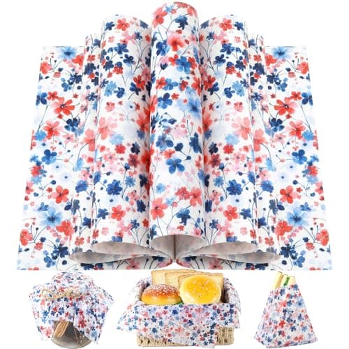 150 Sheets Pretty 4th of July Floral Wax Paper for Food Deli, 9.8 x 8.3 inch Patriotic Red White and Blue Flowers Greaseproof Deli Sheets for Memorial Day Sandwich Picnic Basket Liner Supplies