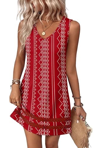 Sipaya Boho Dresses for Women Summer Dress V Neck Casual Spring Dresses Wedding Guest Sundresses Fashion Clothing Cruise Outfits Beach Vacation Red Boho L