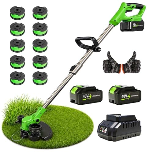 2026 New 48V 3 in 1 Cordless String Trimmer with Auto Spool Feed, 12’’ Electric Weed Wacker Cordless, 2x4.0AH Electric Weed Eater Battery Powered with 10 Replacement Spools (1, Green)