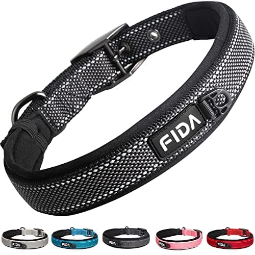 Fida Heavy Duty Dog Collar, Ultra Comfortable Soft Neoprene Padded, Adjustable Reflective Nylon Pet Collar with Durable Metal Belt Buckle for Large Breeds (L, Black)