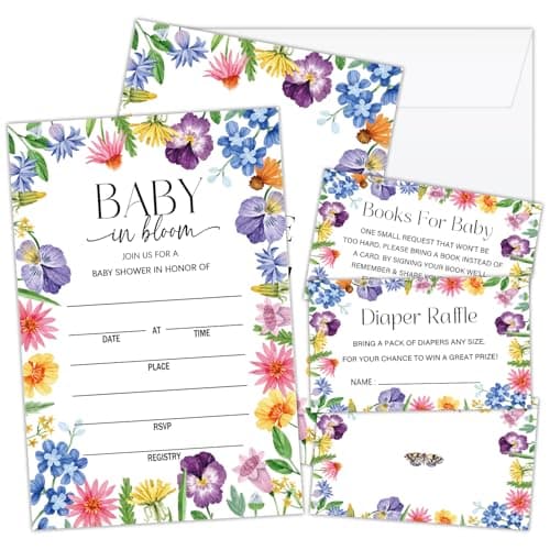 Lesixur 25 Sets Floral Botanical Baby Shower Invitations, Wildflower Diaper Raffle Tickets Book Cards with Envelopes for Gender Reveal, Spring Baby Announcement, New Born Party Favor & Supplies -17