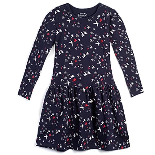 Mightly Girls' Long Sleeve Tiered Dress with Pockets | 95% Organic Cotton, Colorful Stylish Dress, Ideal for School, Birthday Parties & Play, Toddlers & Kids, Fair Trade Certified, Migrating Birds, 3T
