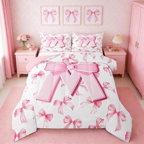 jejeloiu Kids Girls Cute Pink Bow Comforter Set Queen Size Monogrammed Bedding Set Ultra Soft Personalized Initial M Duvet Quilt Coquette Bow Knot Quilt Set Room Decor Modern Fashion Comforter