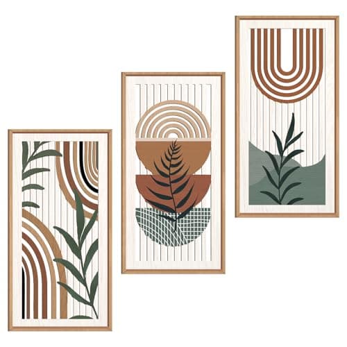 IARTTOP Boho Wood Wall Art Framed 8x16 Inch Set of 3 Mid-century Modern Abstract Wooden Wall Decor Minimalist Plant Artwork for Living room Bedroom Office