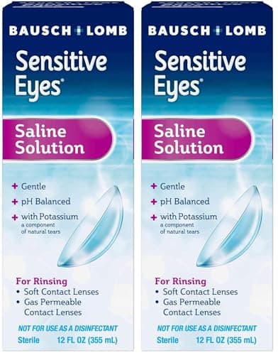 Bausch + Lomb Sensitive Eyes Saline Solution, Gentle Daily Rinse for Soft & Gas Permeable Contact Lenses, with Potassium, 12 Fl Oz, (Pack of 2)