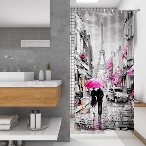 Lokigo Small Stall Shower Curtain 36x72 Inches Half Narrow Gray Pink Fabric RV Shower Curtains for Bathroom Modern Waterproof Narrow Shower Curtain for Stall, Lovers in Paris