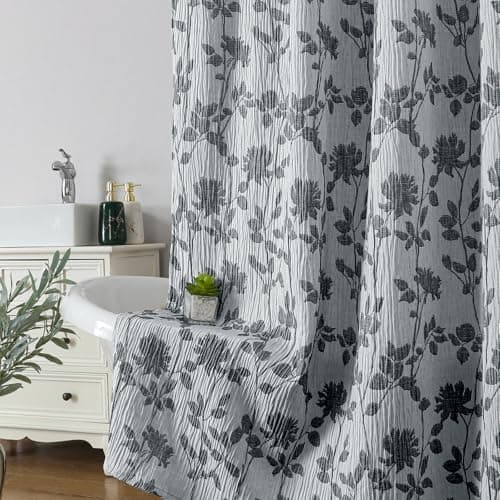 OVZME Black Floral Shower Curtain 72 Inch Length, Crinkled Textured Thick Bathroom Shower Curtain Hotel Quality, Farmhouse Minimalist Bath Decor, Machine Washable, Black, 72Wx72L Inches
