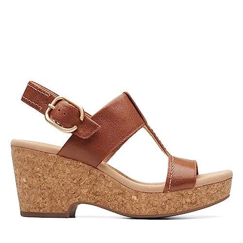 Clarks Collection Women's Giselle Style Wedge Sandal, Tan Leather, 9 Medium US