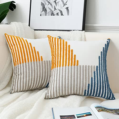 Oirpro Modern Striped Embroidered Throw Pillow Covers 16x16 Set of 2 Textured Tufted Patterned Cotton Boho Pillow Covers Spring Decorative for Couch Bed Living Room Outdoor Yellow and Blue