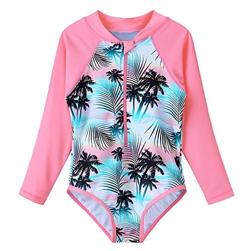 TFJH E Kids Girls Rashguard Swimsuit UV 50+ Long Sleeve One Piece Swimwear,Green Pink,8-9Y(Tag No.140/146)