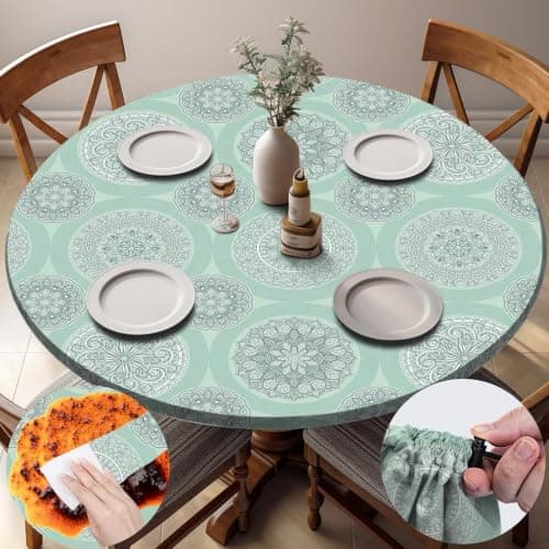 opstellen Fitted Round Tablecloth Weather Proof Table Cloth Heavy Duty Polyester Indoor Outdoor Circle Cover for 36-44" Tables Outside Parties Gear Gifts Spring Summer Fall Picnic Garden Necessities
