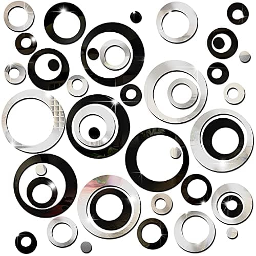 Outus 72 Pieces Wall Stickers Decor Acrylic Circle Mirror Removable Black and Sliver Wall Decor Round Dots DIY Red Living Room Decals Modern Art Murals for Home Bathroom Bedroom Decoration