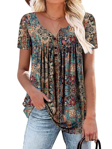 Mystry Zone Boho Tops for Women Button Down Shirts Short Sleeve Paisley Tunics Babydoll Tops Blouse L