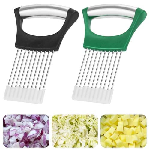 2PCs Stainless Steel Onion Slicer Holder, Onion Cutter Holder for Slicing of Onions,Tomatoes,Avocados,Eggs and Other Vegetables,KItchen Utensils (Green & Black)