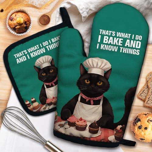 ZHANTUONE That's What I Do I Bake and I Know Things Funny Heat Resistant Oven Mitts and Pot Holders Set with Silicone Non-Slip, Women Cat Lover Cooking Baking Gadgets, Gifts for Mom Wife Sister BFF