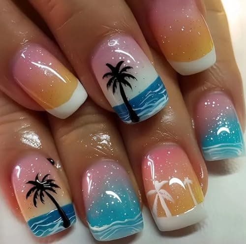 Summer Press On Nails Short Square, White French Tip Fake Nails with Ocean Wave Gradient and Coconut Tree, Beach Sunset False Nails Glossy Finish Glue on Nails for Women,12Sizes-24 Nail Kit