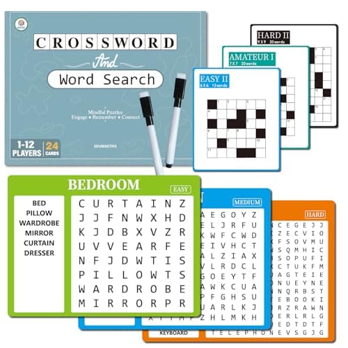 EDUMAETRIX 2-in-1 Mindful Puzzles Set with 24 Crossword and 8 Word Search, 1-12 Players, Memory Activities for Seniors with Alzheimer's and Dementia