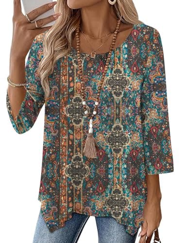 AKEWEI Womens Crew Neck Cute Tops Summer Bohemian Clothes for Women 3/4 Sleeve Business Casual Outfits Retro Print XXL