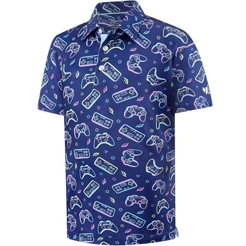 Golf Shirts for Boys Dry Fit Moisture Wicking Casual Vintage Game Controller Print Collared Kids Golfs Polo Shirts for Boys Short Sleeve Golf Polos for Boy, 14-16 Years