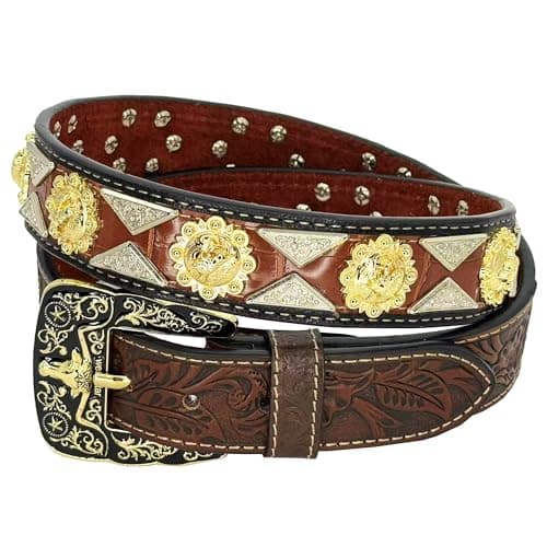 West Star Texas Western Concho Belt for Men & Women - Genuine Leather Tooled Belt with Bull Rider Conchos (Coffee, Size XL)