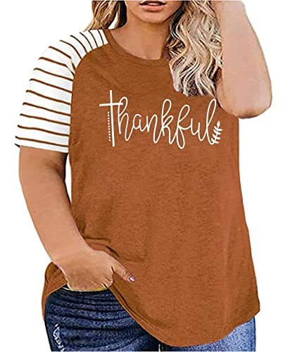 Plus Size Thanksgiving Shirt for Women Thankful Letter Print Tshirt Casual Short Sleeve Fall Tee Top