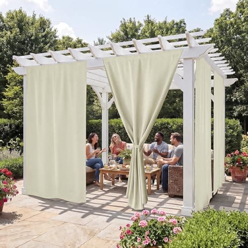 RYB HOME No-Rod Windproof Outdoor Curtains for Patio Waterproof with Adhesive Tape & Back Tab Bottom, Sun Blocking Privacy Curtains with Rope for Gazebo Porch Pergola, Beige, W 52 x L 108, 2 Panels