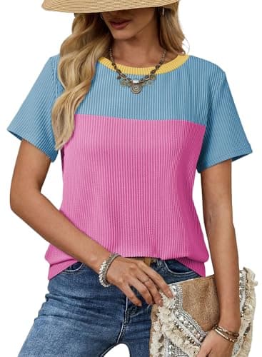 Dokotoo Short Sleeve Shirts for Women Color Block Crewneck T Shirt Cute Blouses Spring Summer Casual Loose Tops and Blouses Resort Wear for Women 2026 Rose Red Small