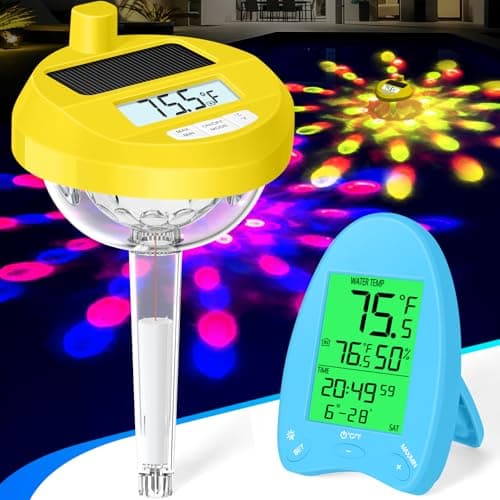 FirstE Solar Wireless Pool Thermometer with Dynamic Light Show | Backlit Display Floating Pool Thermometer - Easy Read at Night | 650FT Wireless Transmission Water Temperature Monitor for Spa-Yellow