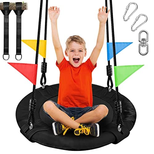 Odoland 24 inch Children Tree Swing, Outdoor Small Saucer Swings Platform for Kid, Round Flying wirh Adjustable Hanging Ropes for Backyard, 220lb Weight Capacity Great for 1-2 Kids (Black)