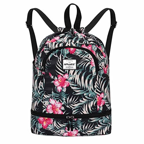 HAWEE Dry Wet Drawstring Backpack with Shoe Compartment for Women and Men Waterproof Yoga String Bag Outdoor Sports Rucksack for Gym/Beach/Swim Pool, Hibiscus Magenta
