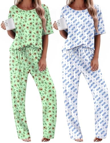 Ekouaer 2 Pack Womens Pajama Sets Short Sleeve Tops and Long Pants Casual Comfy Pjs Lounge Set with Pockets,Small