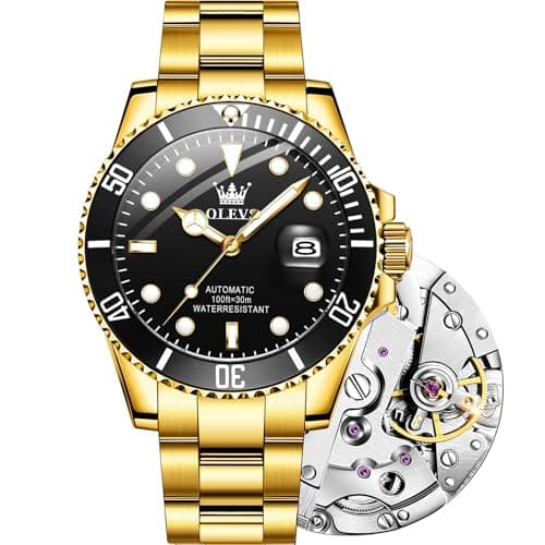 OLEVS Automatic Watches for Men Black Face Gold Self Winding Wristwatch