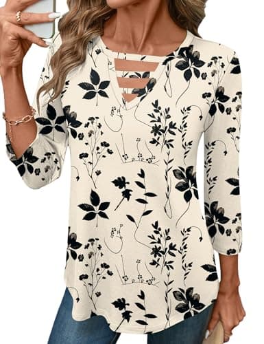 LOMON Womens Tops Dressy Casual 3/4 Length Sleeve Womens Tops Women Dressy Tunic Business Casual Apricot Black Flower L