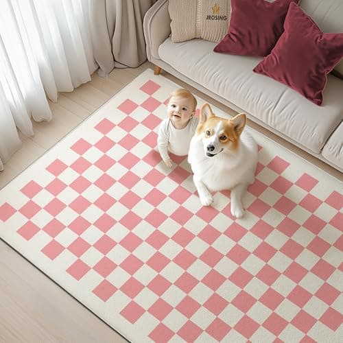 JROSING Washable Checkered Rug, 5x7 Pink Checkerboard Modern Foldable Large Area Rugs for Living Room, Low Pile Ultra-Thin Non-Slip Indoor Doormat Carpet for Office Bedroom Playroom Classroom Dorm