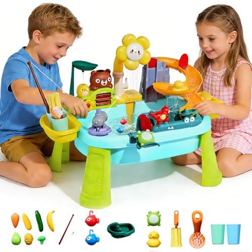 AuSpicaTor Upgraded Toddler Sand Water Table Toy with Electric Water Pump, Kids Sand Water with Faucet/Play Food Accessories/Fishing Toy, Kitchen Play Sink Toys for Girl Boy Age 3+ (Blue)