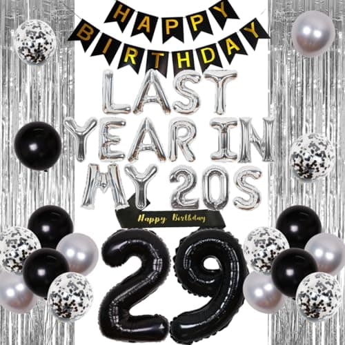 JOYMEMO 29th Birthday Decorations, Silver 'Last Year In My 20s' Banner, Cheers to 29 Years Old Decor with Whiskey Balloon, Number 29 Foil Balloons, Happy Birthday Sash