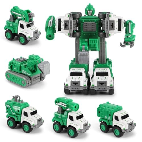 Toys for 3 4 5 6 Year Old Boys– 5-in-1 Detachable Construction Vehicles Set–Transform Robot Kids Toys Cars– Easy DIY Toys for Ages 5+ – Gifts for Boys Girls Birthday Christmas Easter