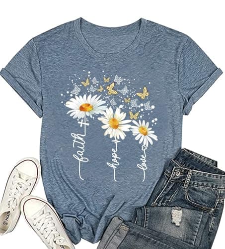 Women's Faith Shirts,Inspirational Graphic Tee Shirts - Daisy and Butterfly Print Crewneck Tops Casual Short Sleeve Summer Blouse