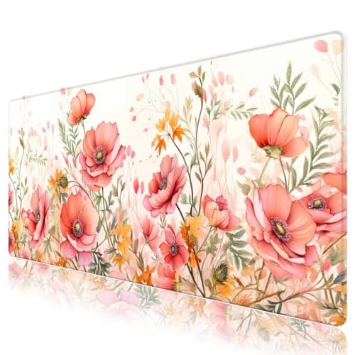 XXL Desk Pad Mouse Pad, Large Gaming Mouse Mat with Stitched Edges, Non-Slip Waterproof Rubber Base Mous Mat for Office Computer Keyboard Laptop Home Decor Women (35.4X17.5 in), Coral Flowers