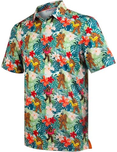 GORENZI Men's Golf Shirts Short Sleeve Moisture Wicking Patterns Bigfoot Golf Shirt Funny Tropical Polo Golf Shirts for Men